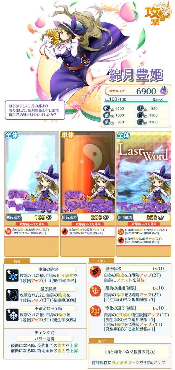 東方lostword キャラクター紹介 攻撃式特別フェス おいのりで登場した 綿月豊姫 のつよ 21 09 27 ゲームニュース速報gmchk