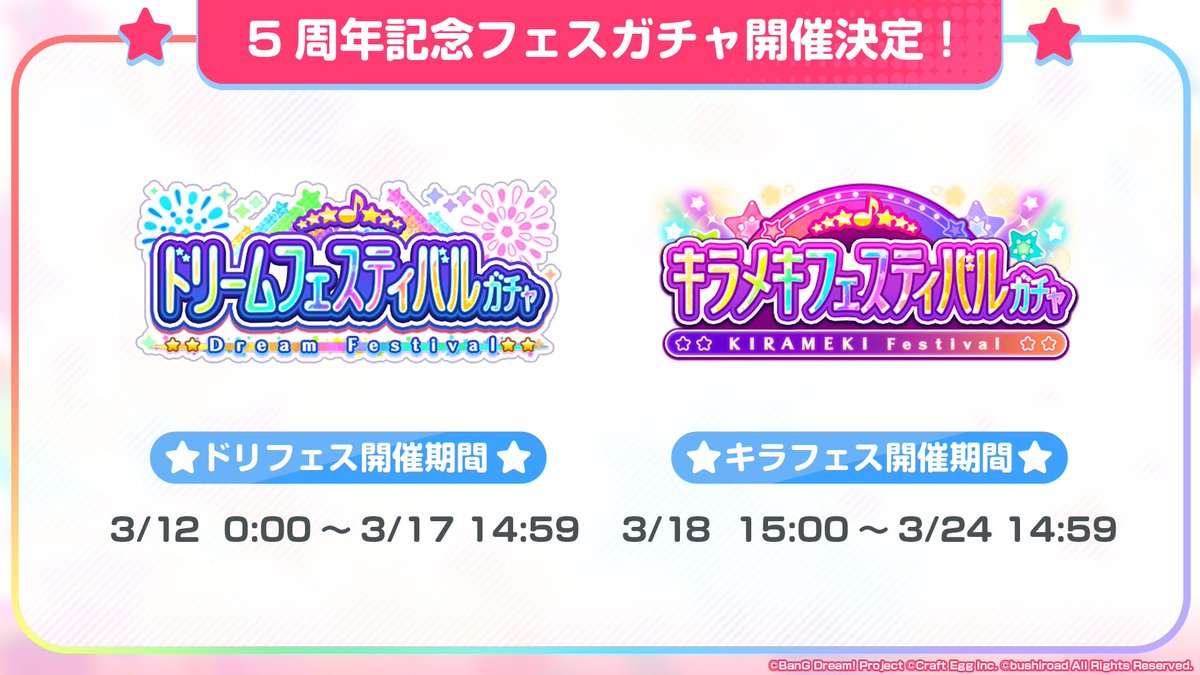 ガルパ新情報 5周年記念フェスガチャ開催決定 4メンバーの提供割合が2倍にドリ 22 03 05 ゲーム速報gmchk